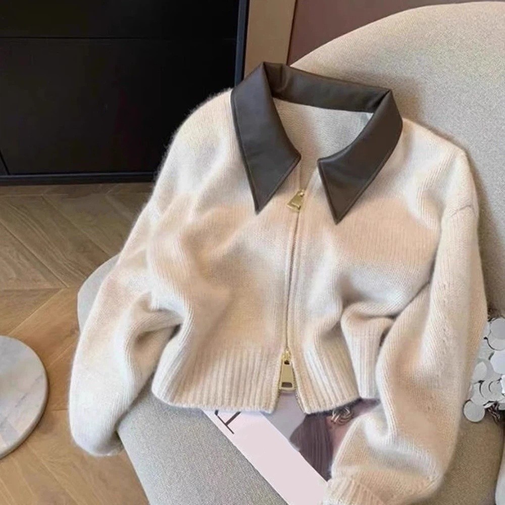 Sewing Front Zipper - Kardigan Sweater Kerah Kulit dengan Ritsleting