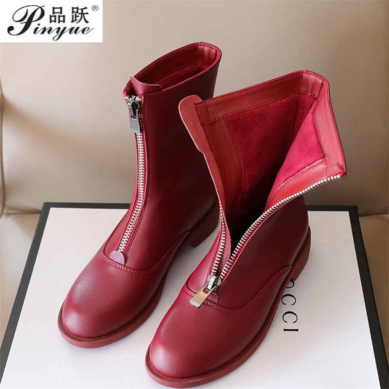 Sewing Front Zipper - Sepatu bot hak rendah wanita, sneaker